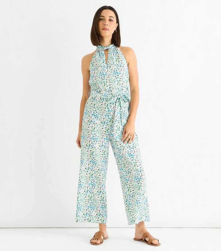 Gini London Petite Blue Halter Neck Printed Jumpsuit