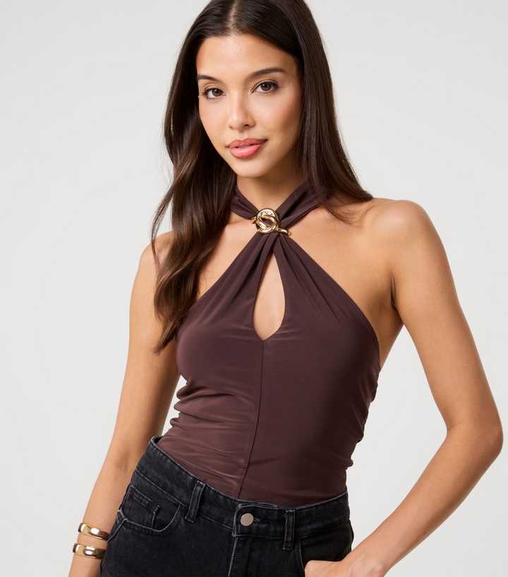 Pink Vanilla Brown Keyhole Halterneck Top
