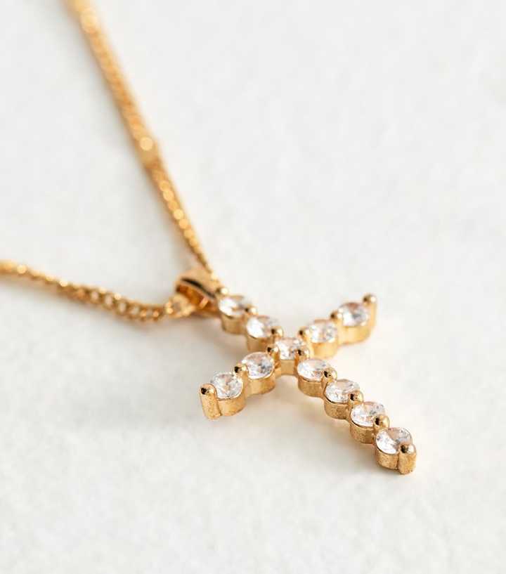 Gold Tone Large Cubic Zirconia Cross Pendant Necklace New Look