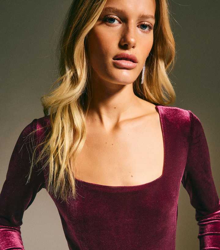 Burgundy Velvet Square Neck Bodysuit