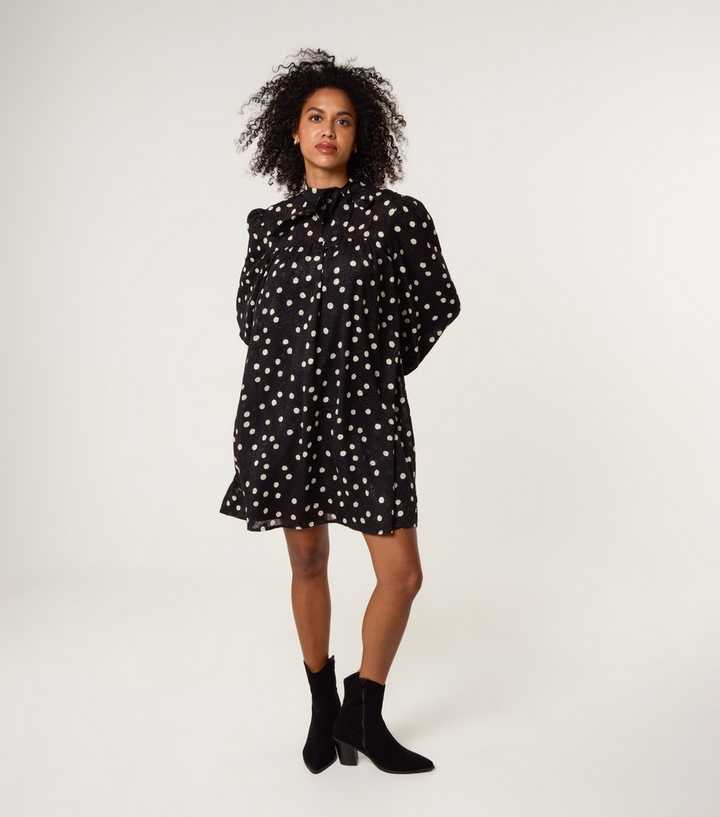 Blue Vanilla Black Polka Dot Tie Neck Mini Dress | New Look