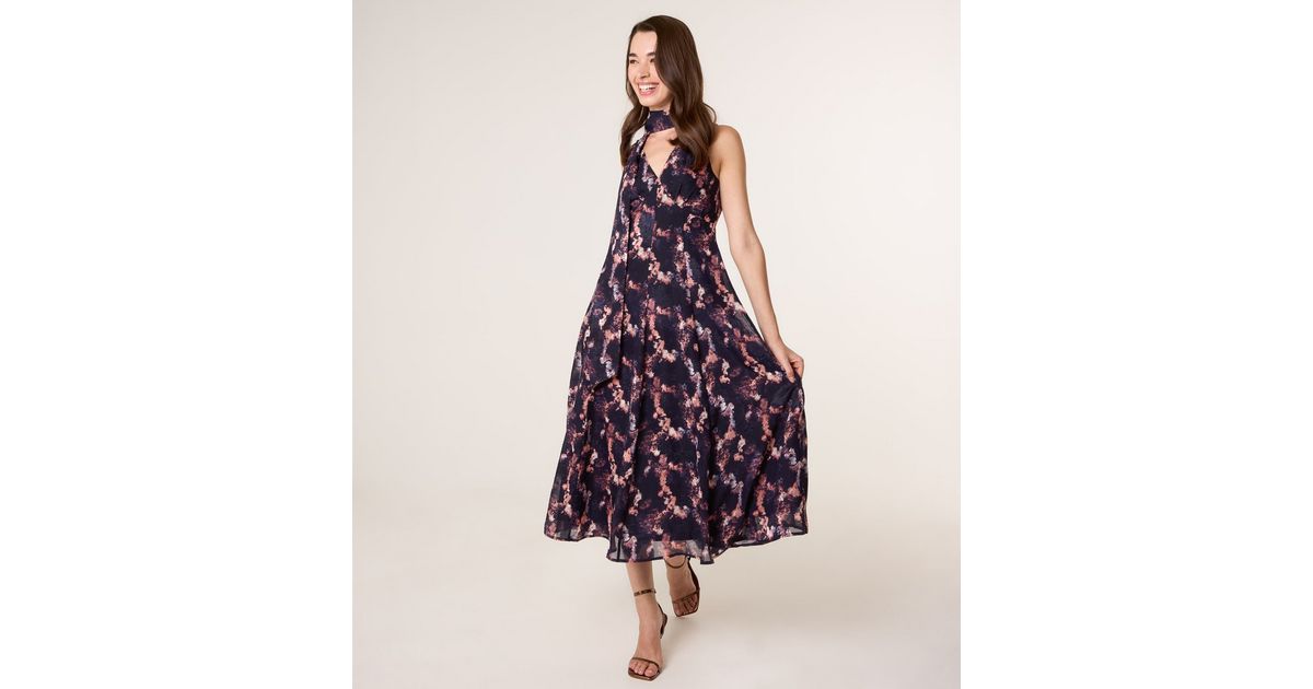 Blue Vanilla Navy Textured Floral Print V-Neck Midi Dress New Look