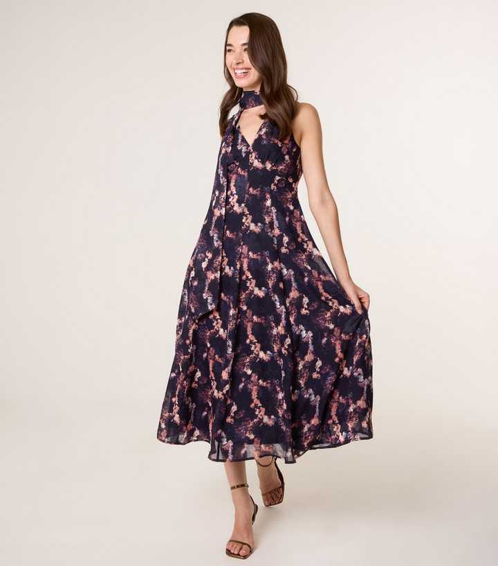 Blue Vanilla Navy Textured Floral Print V-Neck Midi Dress