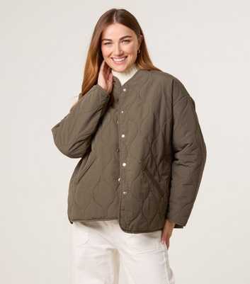 Blue Vanilla Dark Khaki Quilted Buttoned Pocket Jacket
