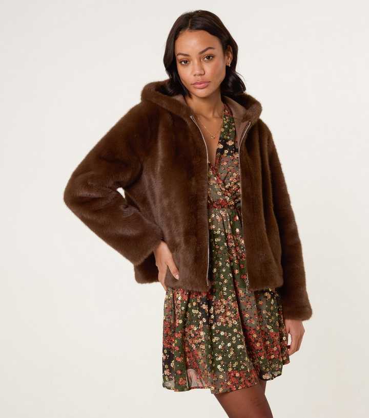Blue Vanilla Brown Faux Fur Hooded Jacket