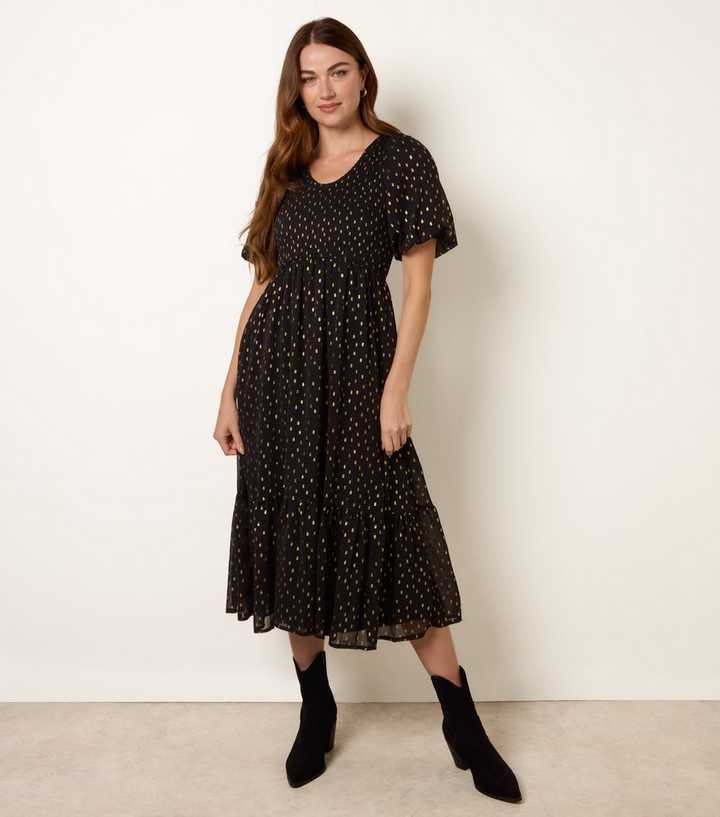 green emerald velvet dress 1950s Suzy Perette Black and Gold New Look Evening Dress with Shimmer Dot and main image 1