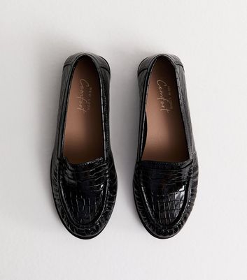 Black Faux Leather Croc Embossed Penny Loafers