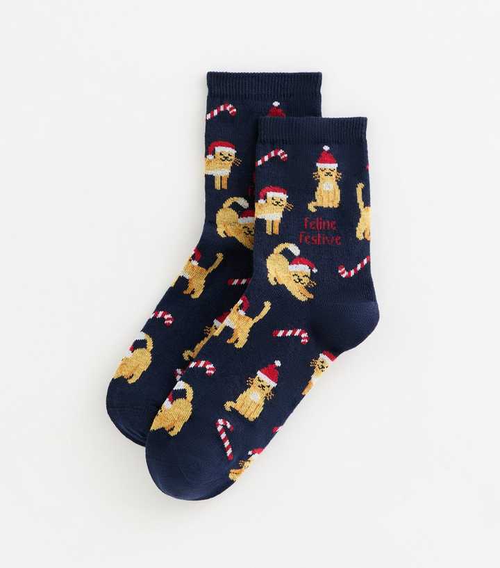 Navy Christmas Feline Festive Cat Illustration Socks