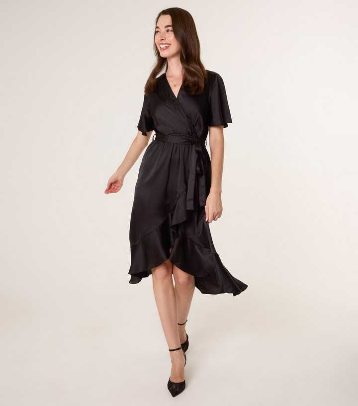 Blue Vanilla Black Satin Frilly Trim Wrap Midi Dress