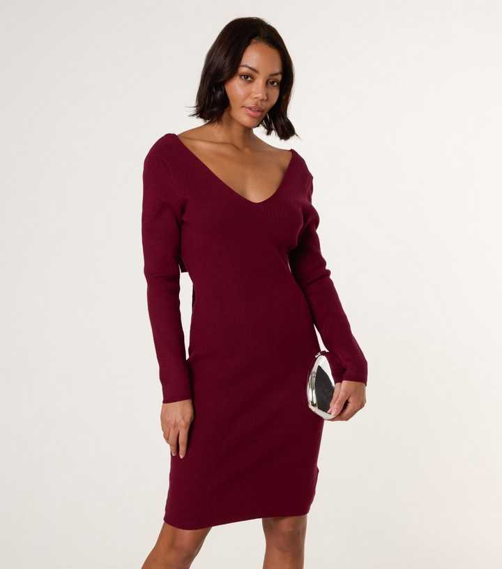 Blue Vanilla Burgundy Knit Bow Back V-Neck Mini Dress