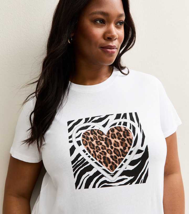 Curves White Animal Heart Print Relaxed T-Shirt