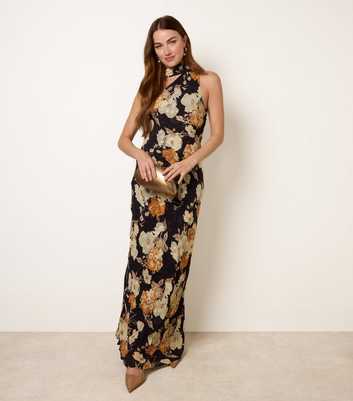 Blue Vanilla Black Floral Halter Neck Maxi Dress
