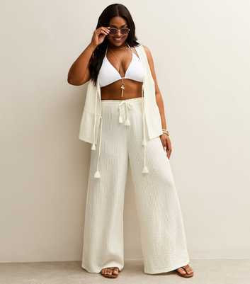 Curves Off White Textured Beach Trousers