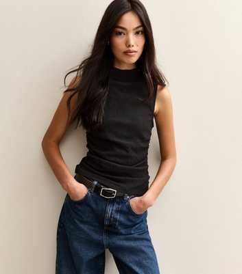 Black Textured Jersey Ruched Tank Top