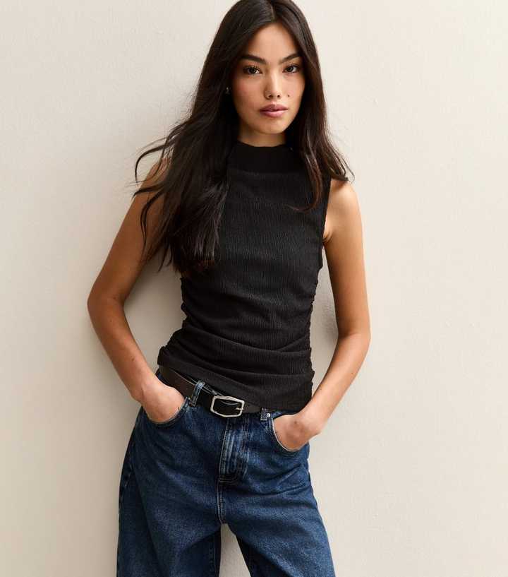 Black Textured Jersey Ruched Tank Top