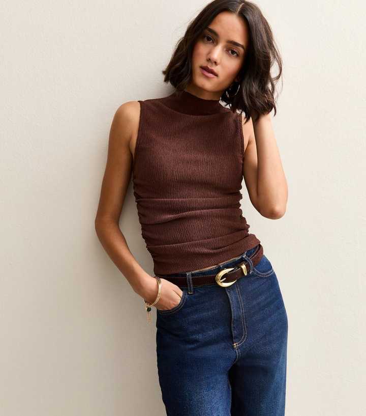 Brown Textured Jersey Ruched Tank Top