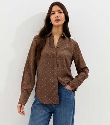 Brown Spot Print Long Sleeve Satin Shirt