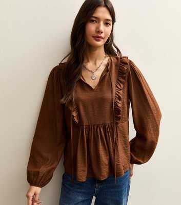 Mid Brown Ruffle Tie Long Sleeve Blouse