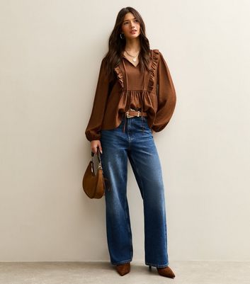 Mid Brown Ruffle Tie Long Sleeve Blouse | New Look
