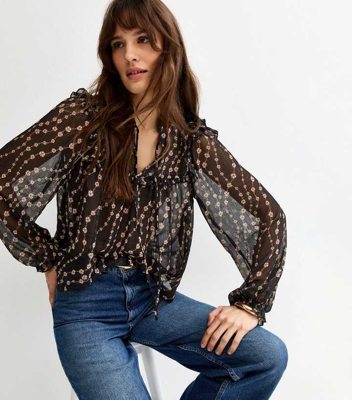 Tall Black Semi Sheer Floral Print Ruffle Bib Blouse