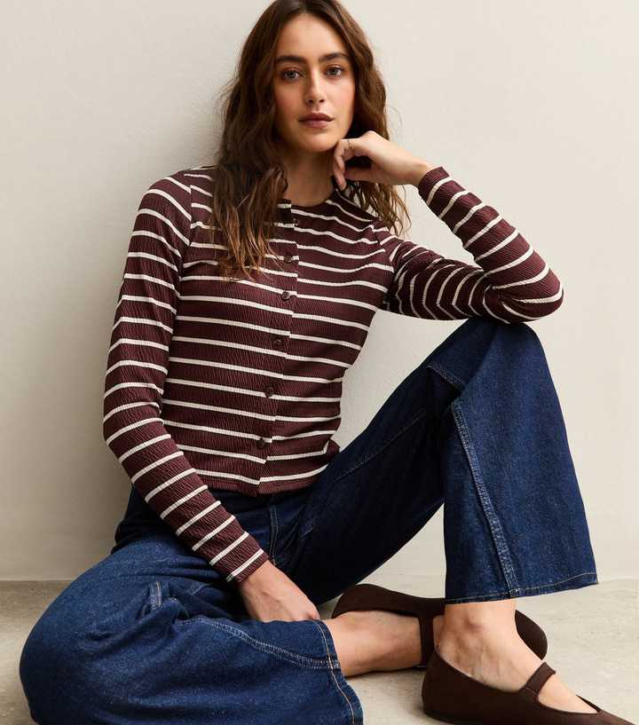 Brown Crinkled Jersey Stripe Cardigan