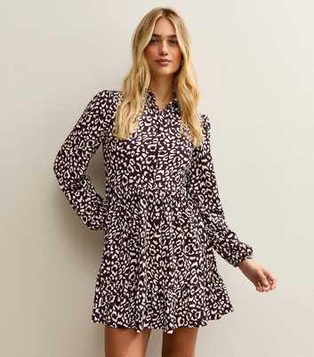 Burgundy Animal Print Long Sleeve Shirt Mini Dress