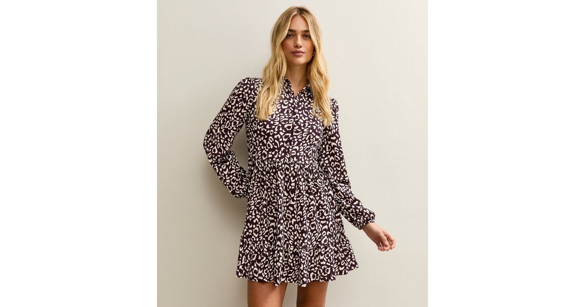 Burgundy Animal Print Long Sleeve Shirt Mini Dress New Look
