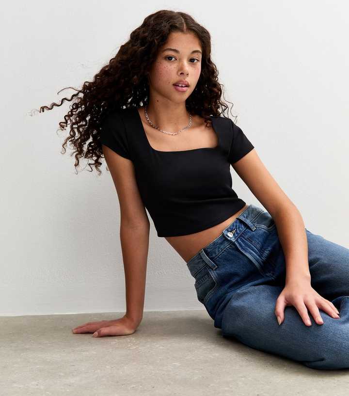 Girls Black Square Neck T-Shirt