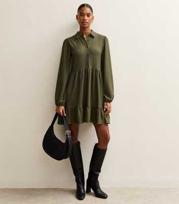 Dark Khaki Crinkled Mini Shirt Dress