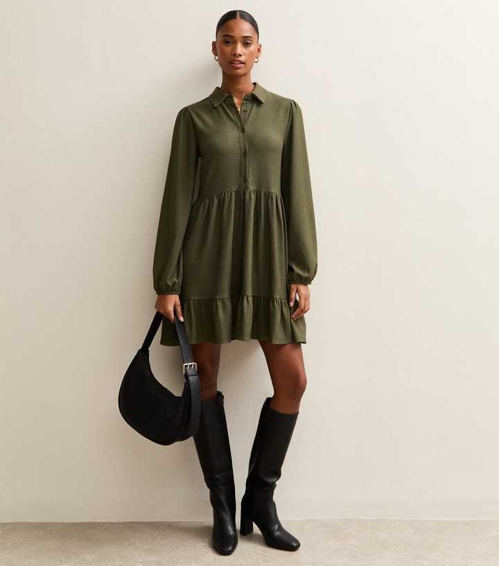 Dark Khaki Crinkled Mini Shirt Dress