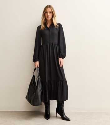 Black Crinkled Jersey Midi Shirt Dress