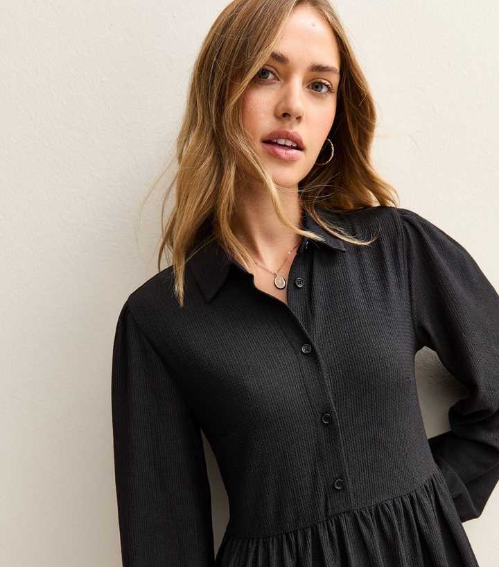 Black Crinkled Jersey Midi Shirt Dress | New Look