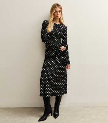 Black Polka Dot Long Sleeve Ruched Midi Dress
