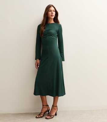 Dark Green Long Sleeve Ruched Midi Dress