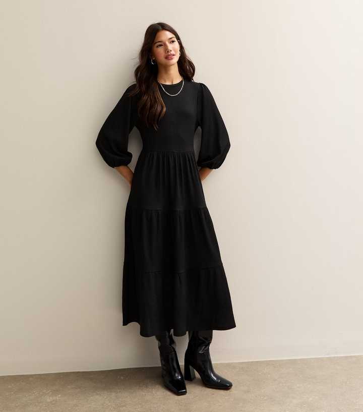knee length dresses for ladies Black Tiered Ribbed 3/4 Sleeve Plus Maternity Midi Dress – PinkBlush