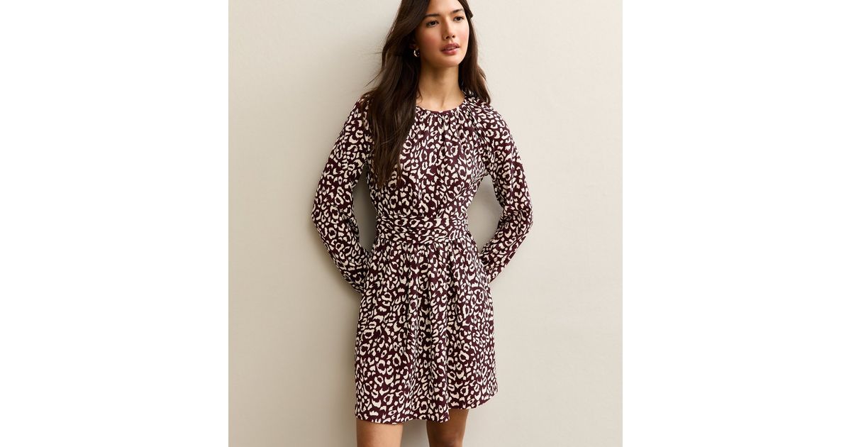 Dark Burgundy Animal Print Long Sleeve Mini Dress New Look