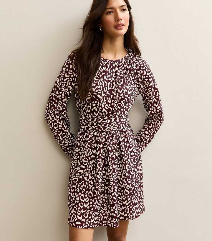 Dark Burgundy Animal Print Long Sleeve Mini Dress