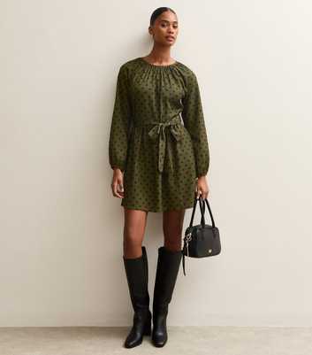 Green Polka Dot Print Belted Mini Dress