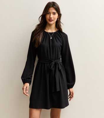 Black Crinkled Jersey Belted Mini Dress