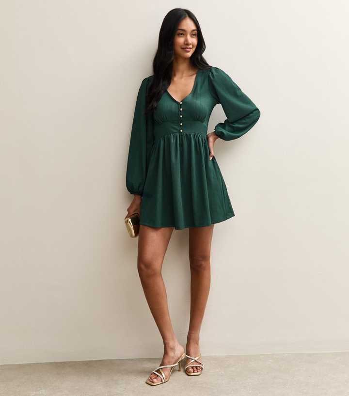 Dark Green Crinkled Jersey Long Sleeve Mini Dress Dark Green Crinkled Jersey Long Sleeve Mini Dress