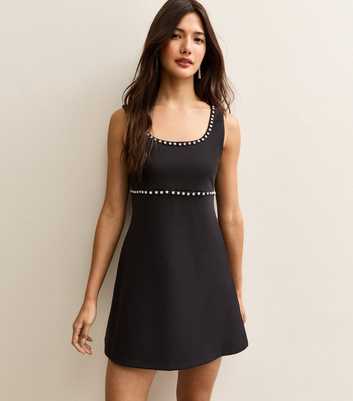 Black Diamante Trim Scoop Neck Mini Dress