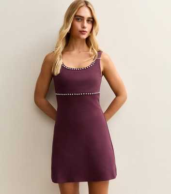 Dark Burgundy Diamante Trim Scoop Neck Mini Dress