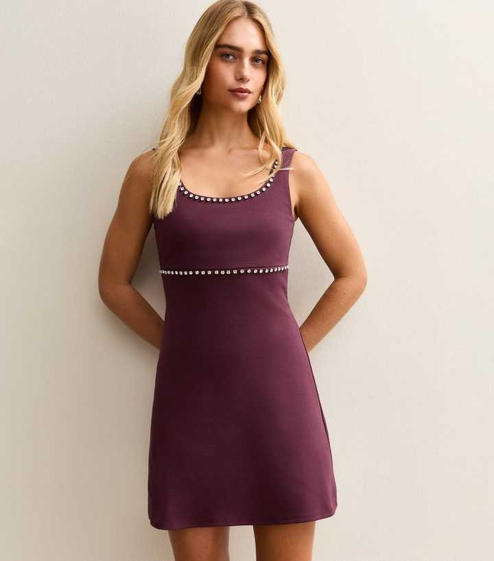 Dark Burgundy Diamante Trim Scoop Neck Mini Dress | New Look