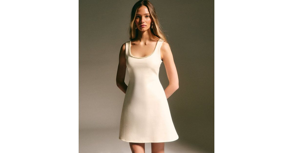 white pearl beaded square neck mini dress PERLA Flared Mini Dress