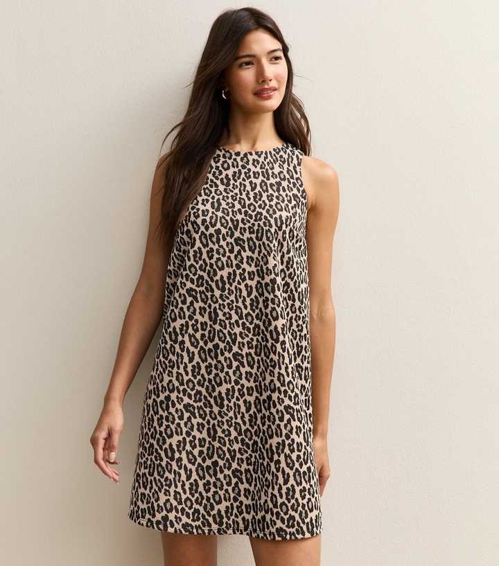 Brown Animal Pattern Sleeveless Back Bow Mini Dress