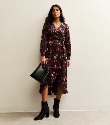 Black Floral Satin Wrap Midi Dress