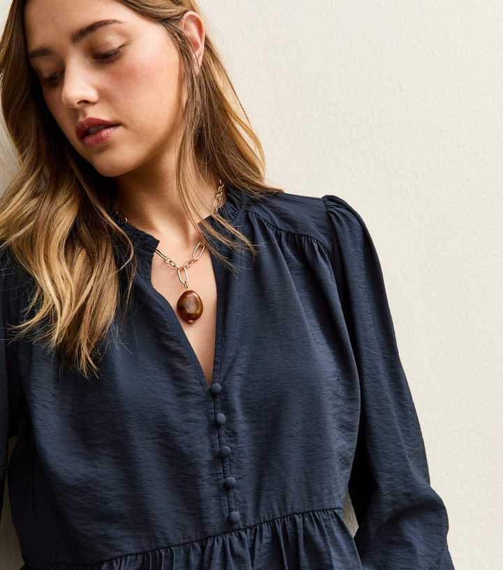 Navy Button Up Peplum Tea Blouse