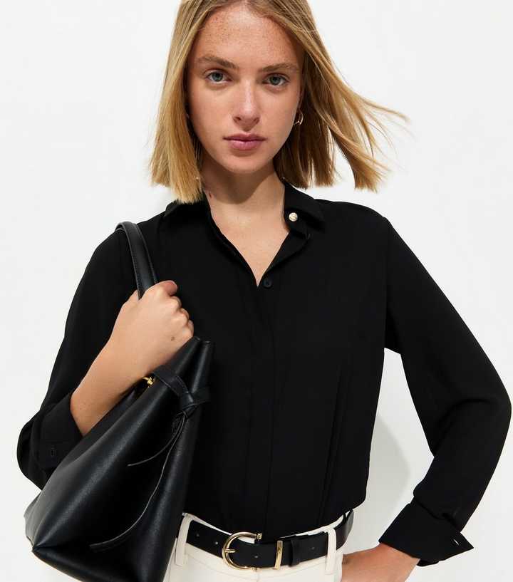 Black Plain Gold Button Shirt