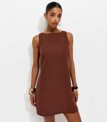 Dark Brown Linen Blend Tie Back Mini Dress