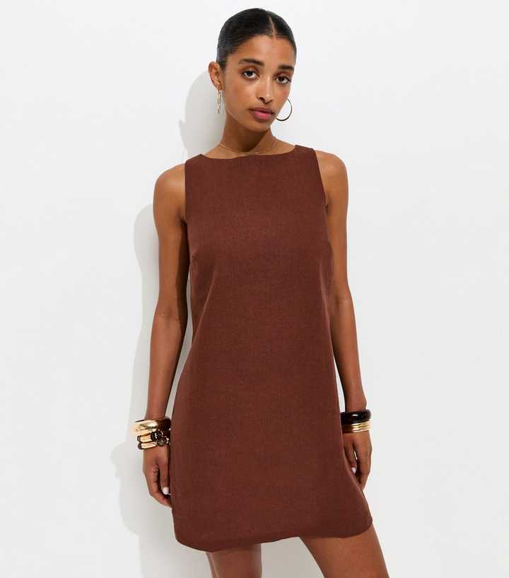 Dark Brown Linen Blend Tie Back Mini Dress